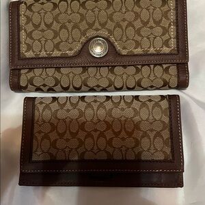 Coach Signature Khaki Wallet, with check book cover, brown leather trim